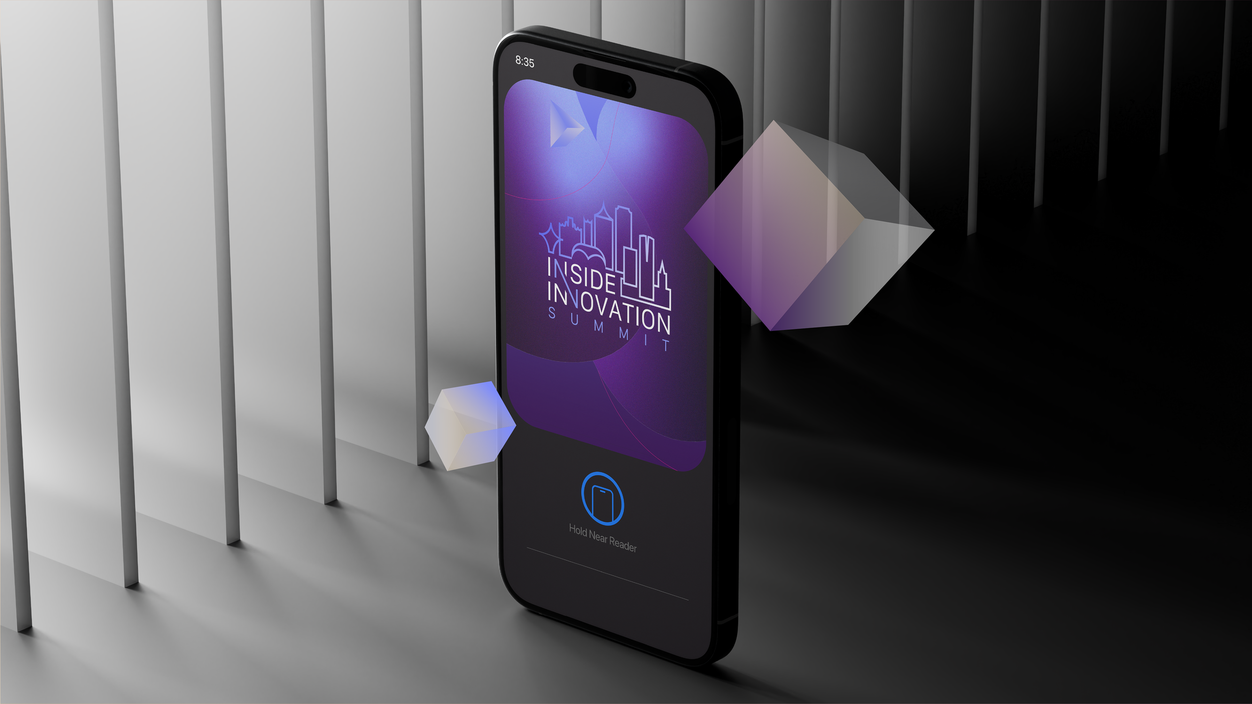 A smartphone displaying the Inside Innovation Summit logo, with 3D geometric shapes around it, in front of a modern, ridged wall with black and white panels.