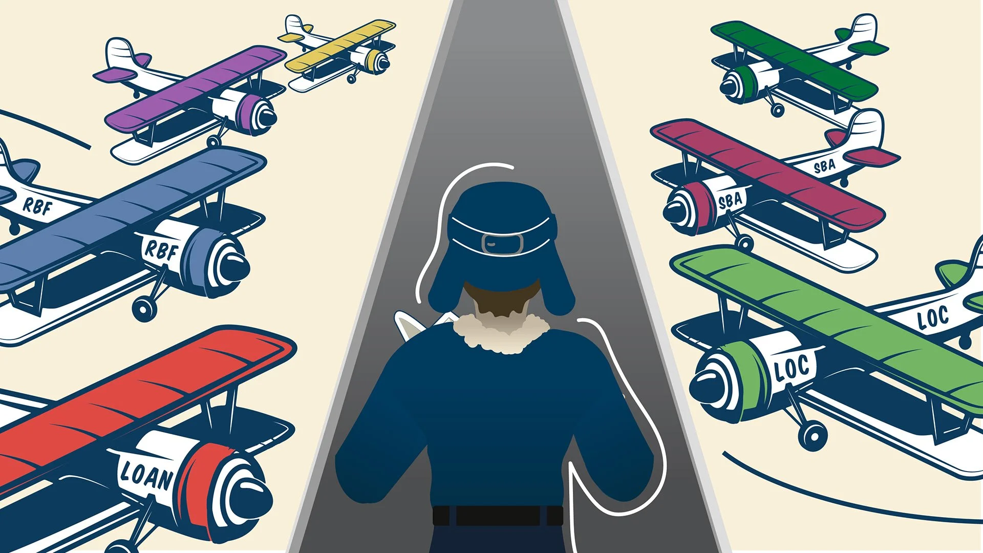 Illustration of a person in a blue uniform and helmet walking down a gray path, flanked by colorful vintage biplanes on both sides.