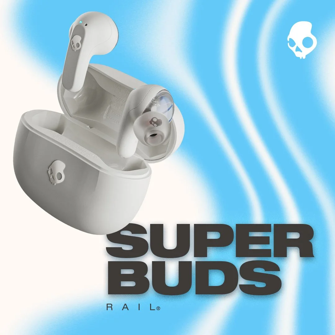 Wireless earbuds with a skull logo in a charging case against a blue and white background with wave patterns and skull symbols, titled 'Super Buds'.