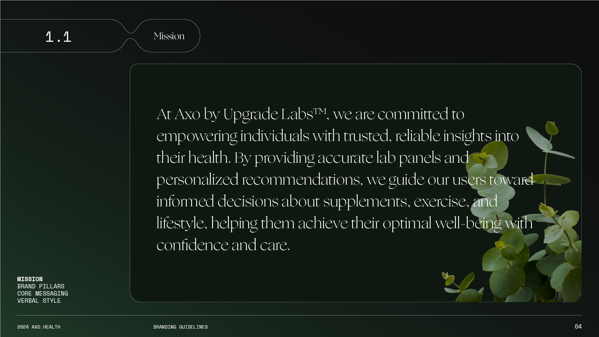 A digital document with a dark green background, listing mission statement details for Axo by Upgrade Labs. Contains text about their commitment to empowering individuals with health insights, lab panels, personalized recommendations, and lifestyle g