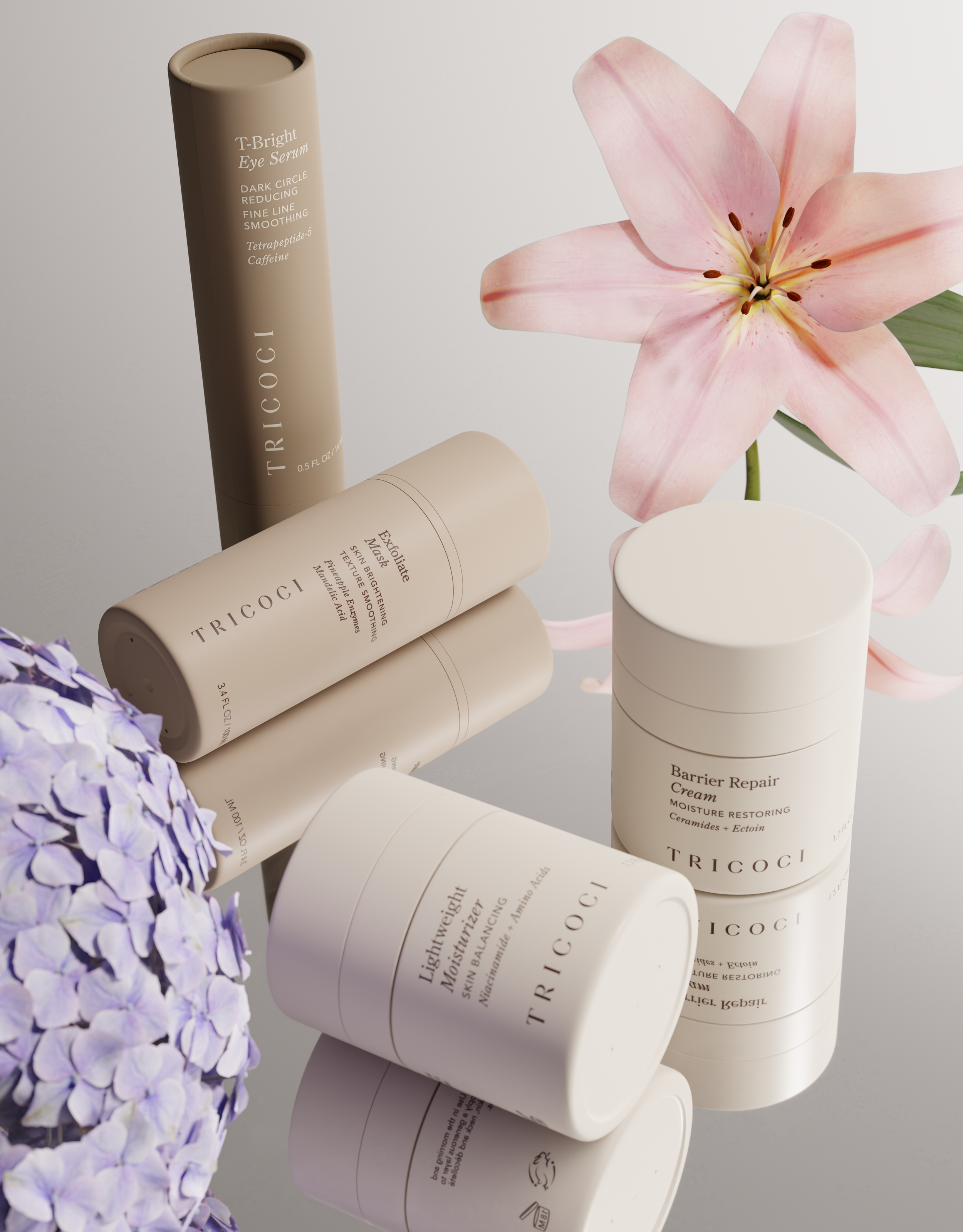 Collection of skincare products from Tricoci with pink lilies and purple hydrangea flowers on a reflective surface.
