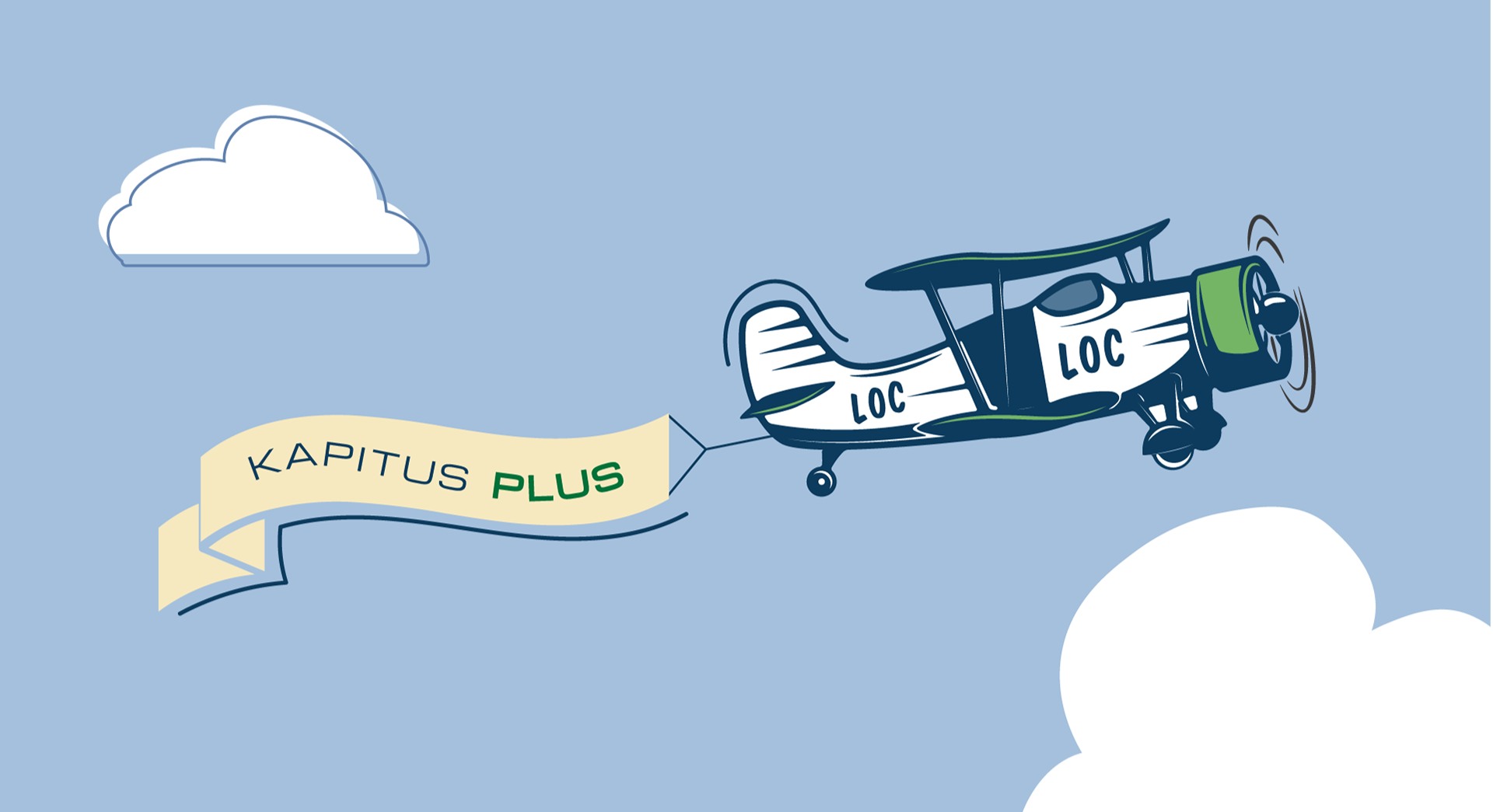 An illustration of a vintage airplane flying in a blue sky with white clouds, pulling a banner that reads 'KAPITUS PLUS'.