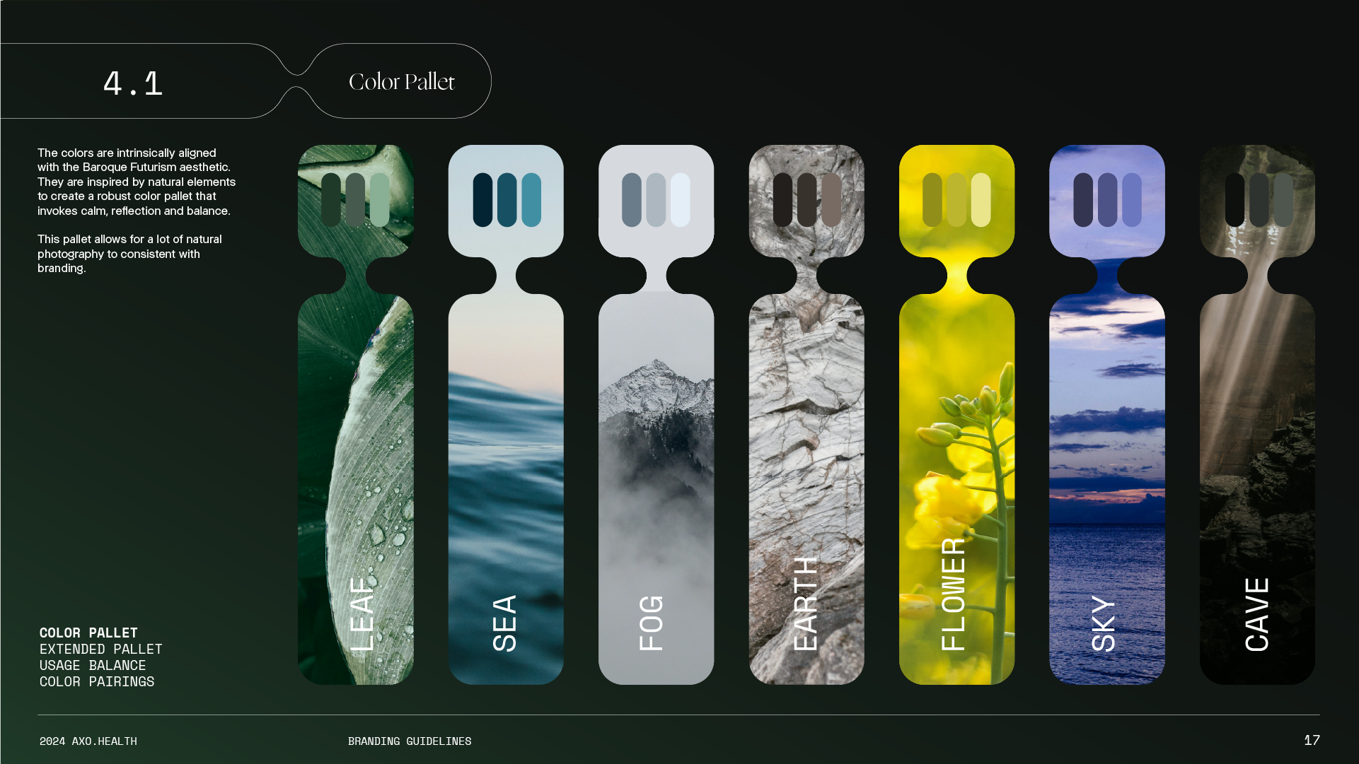 A color palette chart displaying seven vertical color samples with labels: Leaf, Sea, Fog, Earth, Flower, Sky, Cave. Each sample is associated with natural scenery images and descriptive text about color harmony and branding.