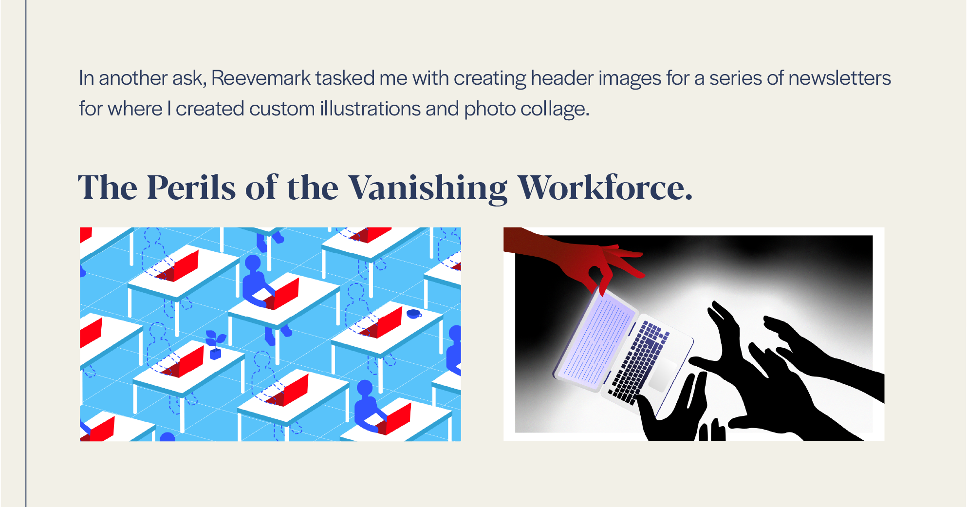 Header image collage illustrating the theme of workforce vanishing, featuring a digital illustration of people working at desks with laptops and a shadowy image of hands reaching for a laptop, symbolizing digital work disappearance.