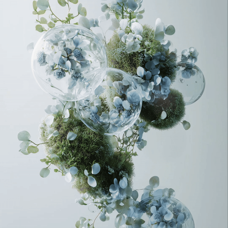 Decorative arrangement of white and light blue flowers with greenery and glass globes on a light background.