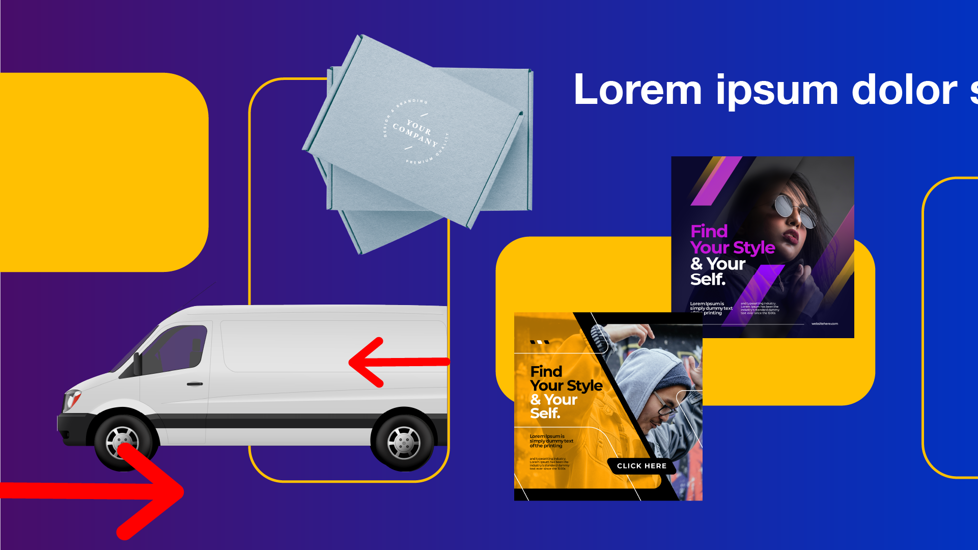 A digital illustration featuring a white cargo van with red arrows pointing left and right, a stack of light blue boxes with a round logo, two colorful posters promoting style and self-discovery, set against a purple and blue background with yellow a