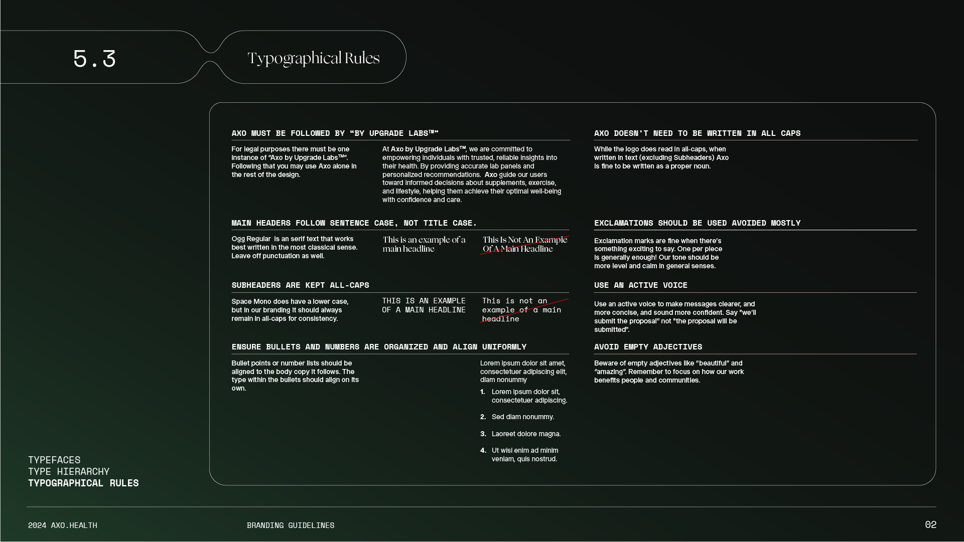 A dark-themed infographic showing typographical rules with sections on uppercase and lowercase text, punctuation, and style guidelines for branding.
