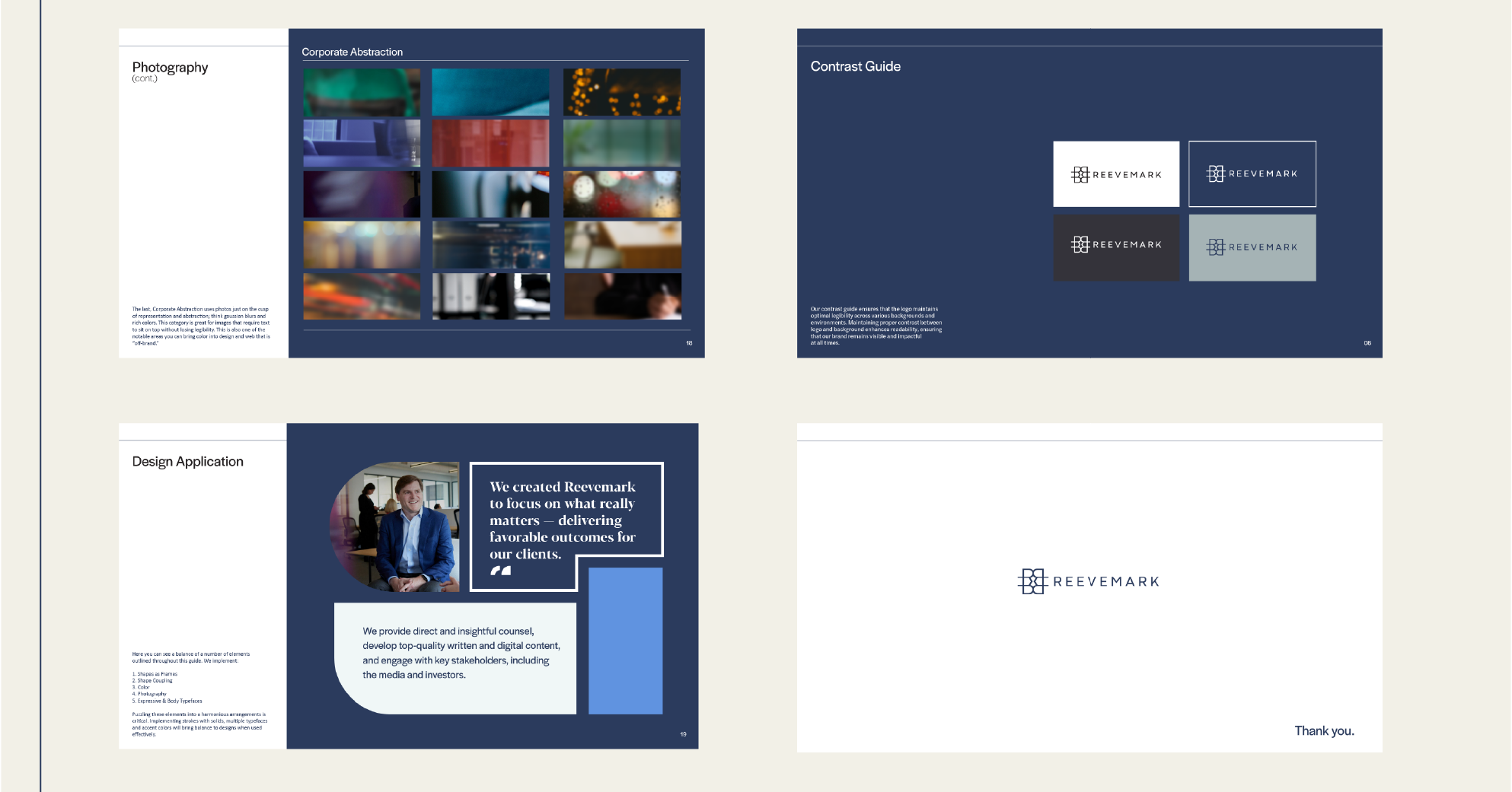 Pages from a presentation or brochure with sections on photography, contrast guide, design application, and a closing slide with the Reevemark logo and a thank you message. The pages feature blue and white color schemes, images, and text about brandi
