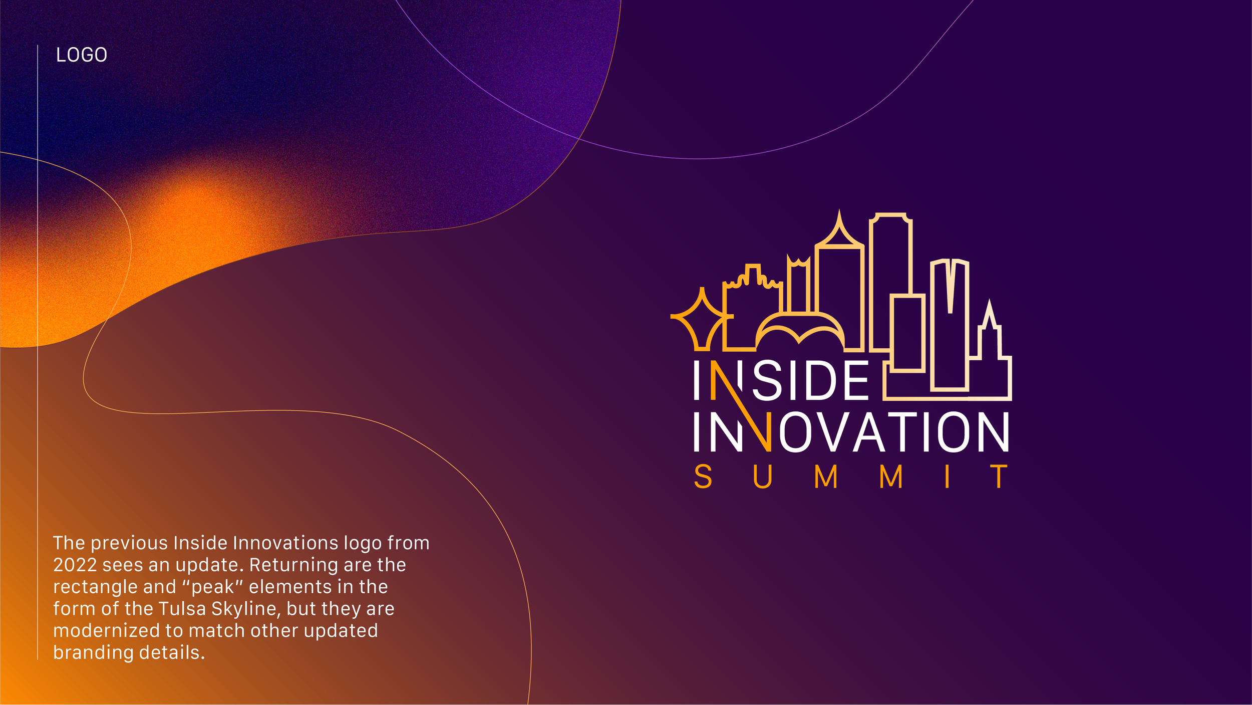 Design for Inside Innovations Summit 2023 with a purple background, orange and yellow accents, city skyline outline, and updated logo featuring a rectangle and peak elements.