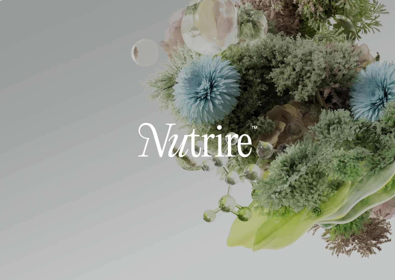 A floral arrangement with green, blue, and purple flowers and foliage, with the word "Nutrire" overlaid in white text.