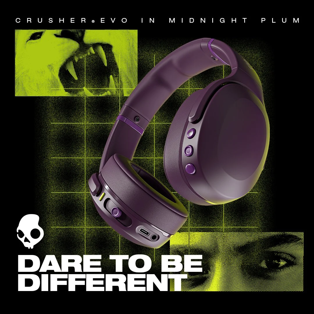 Purple gaming headphones with a black background and green neon accents, featuring a stylized skull and half of a woman's face, with the caption "Dare to be Different" at the bottom.