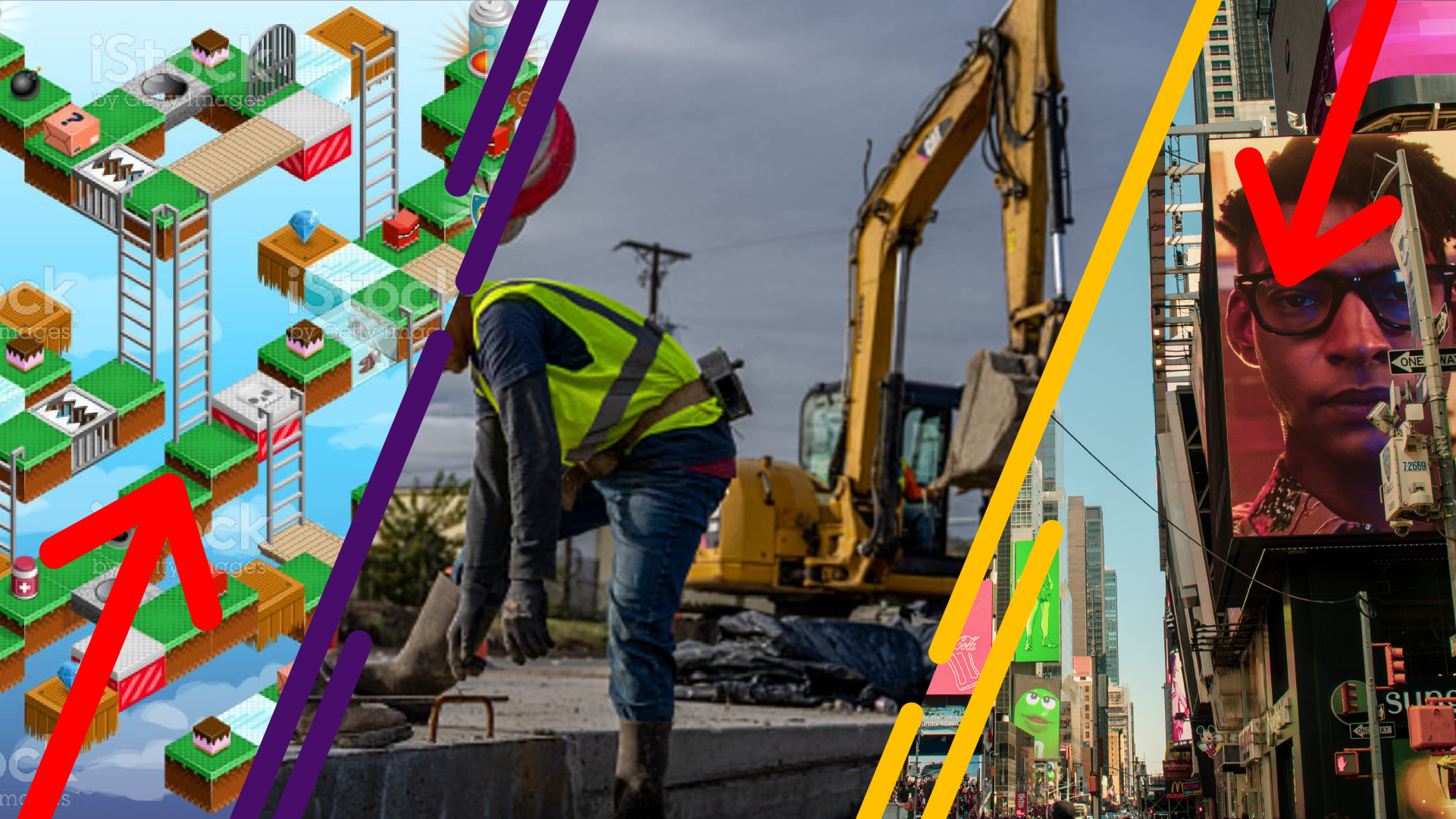 A collage of three images: a digital game with floating platforms, construction workers operating machinery on a road, and a cityscape with billboards and digital advertisements.