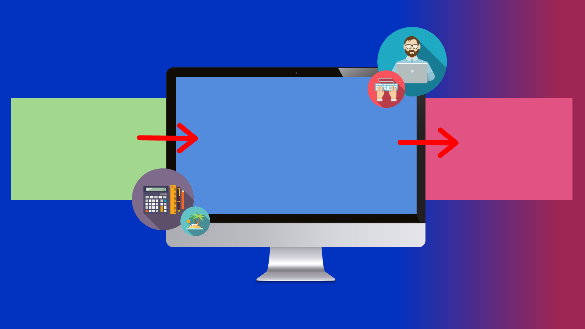 Digital infographic showing data entering a computer from the left and leaving from the right, with icons of a calculator and land with a palm tree on the left, and a person working on a laptop and hands typing in the top right, indicating data proce