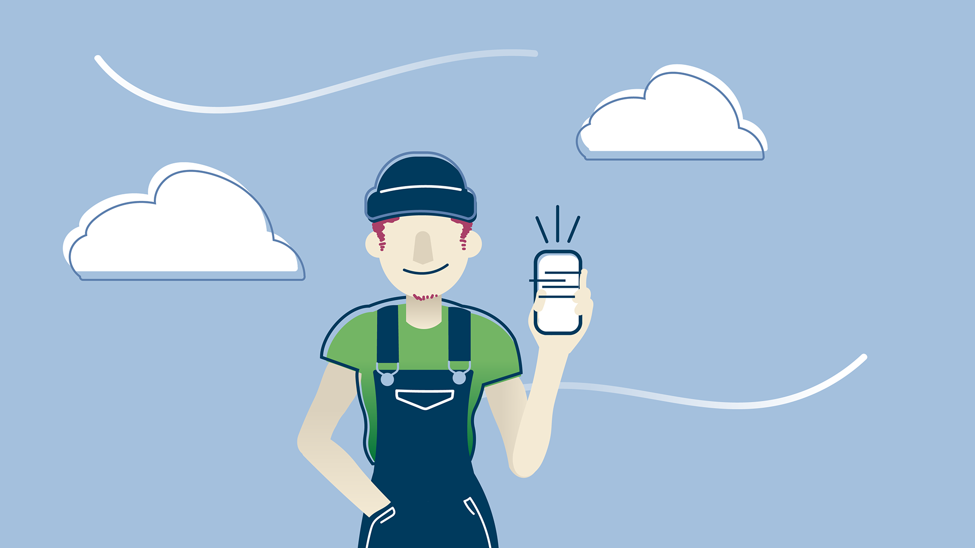 A cartoon person wearing a beanie, green shirt, and overalls holding a smartphone, smiling, with clouds in the sky in the background.