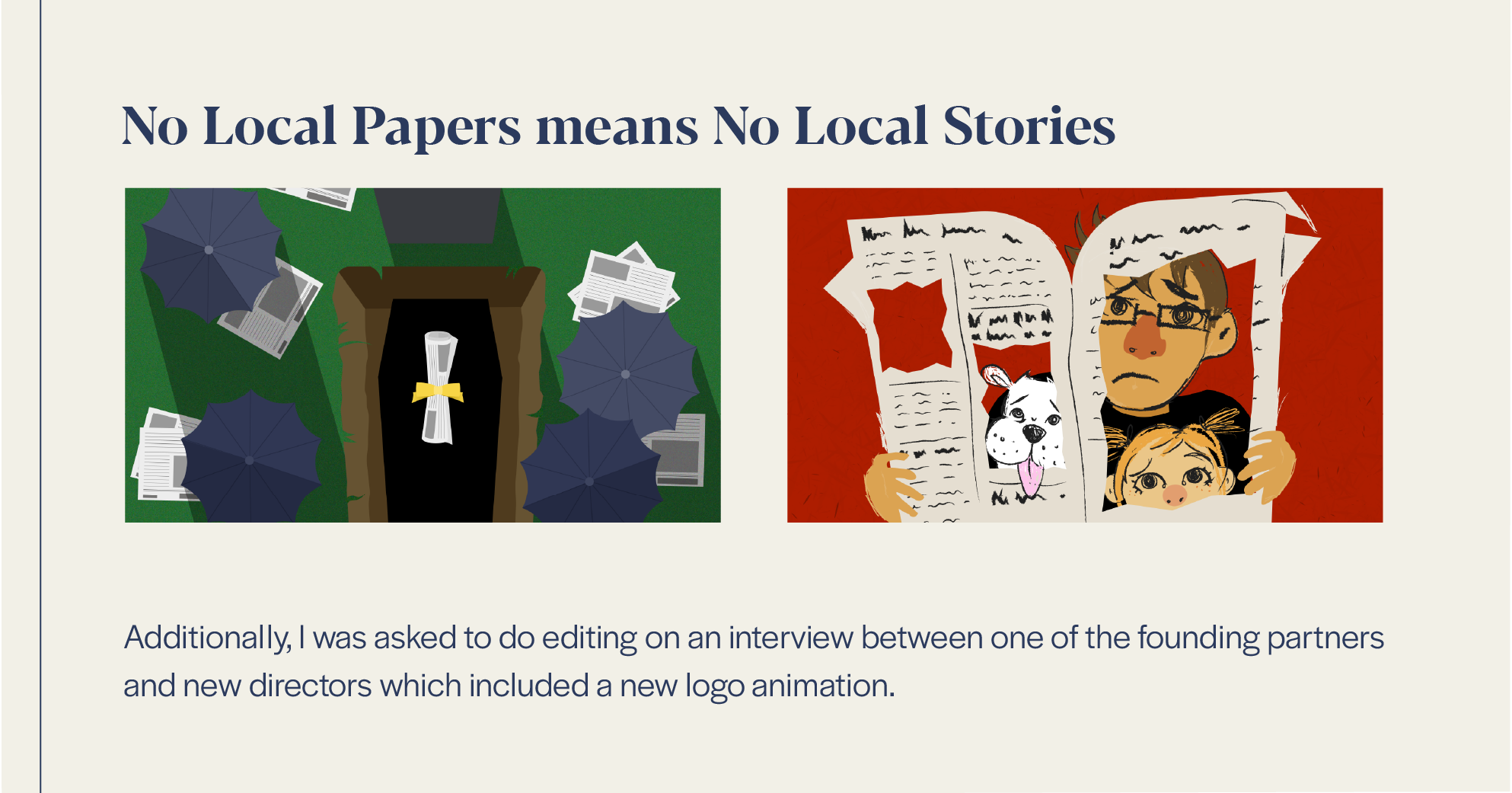 A digital illustration with two sections: the left shows a coffin surrounded by scattered newspapers and blue umbrellas, and the right depicts a person and a girl reading a newspaper with a dog picture on it, against a red background. The title reads