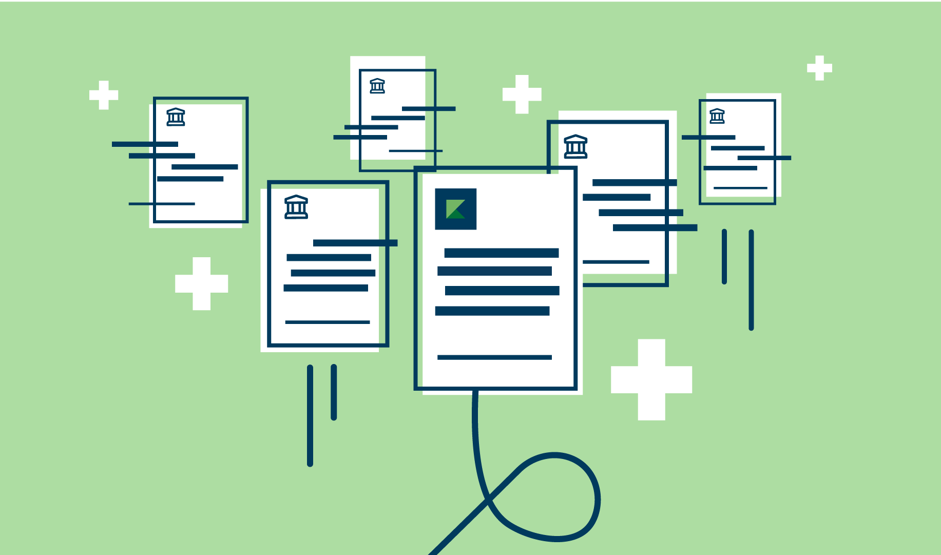 Various digital medical records and documents with facility icons on a light green background, connected by lines.