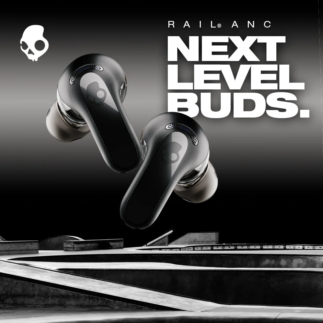 Black wireless earbuds with the brand logo, set against a gray gradient background with promotional text "Next Level Buds".