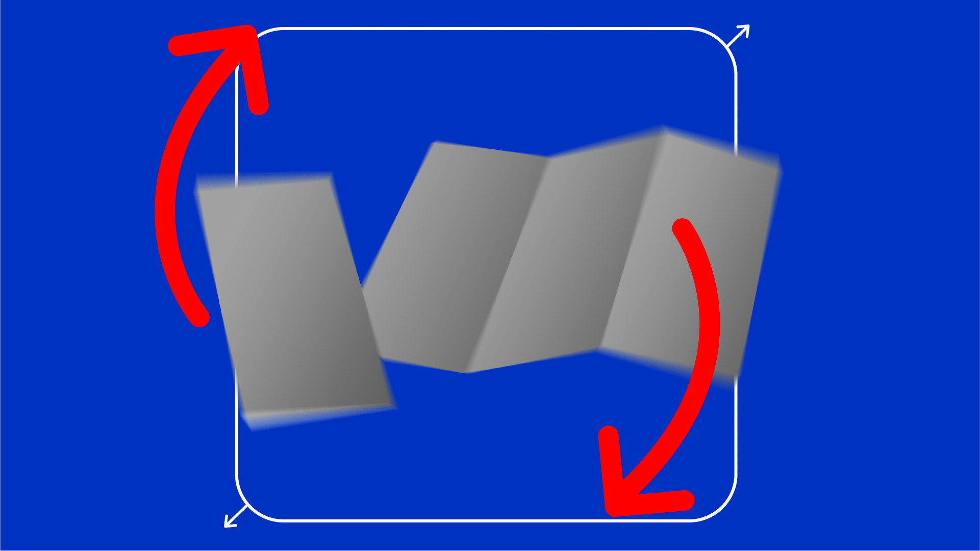 A diagram showing a 3D gray folded paper with arrows indicating a back-and-forth folding motion, set against a blue background with white border lines.