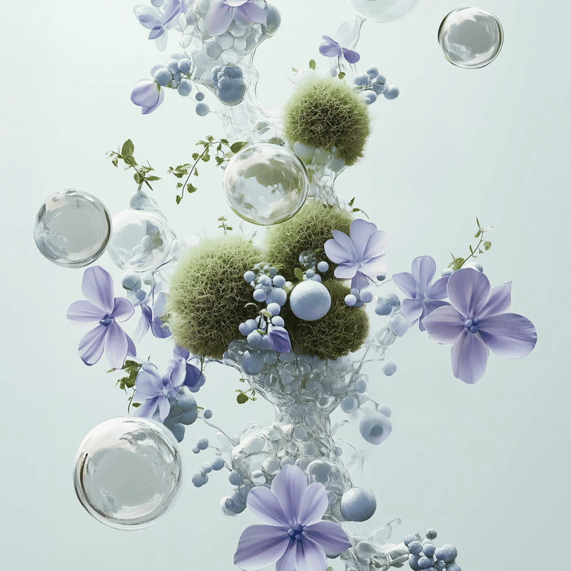 Abstract composition featuring purple flowers, green moss-like spheres, transparent glass bubbles, and swirling transparent liquid against a light background.