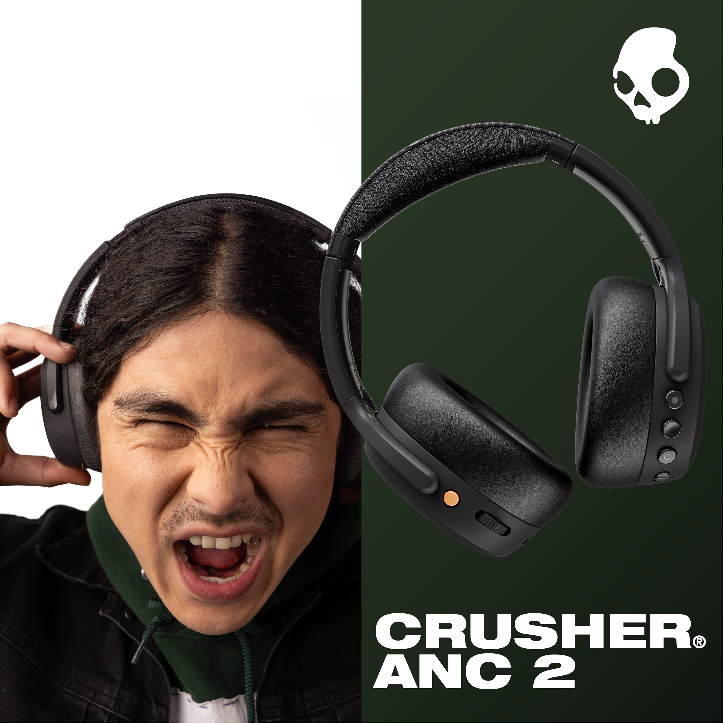 A young man with dark hair wearing headphones, appearing to scream or shout with eyes closed, on the left side of the image. On the right side, there is a black headset with a microphone against a dark green background with a skull icon in the top ri