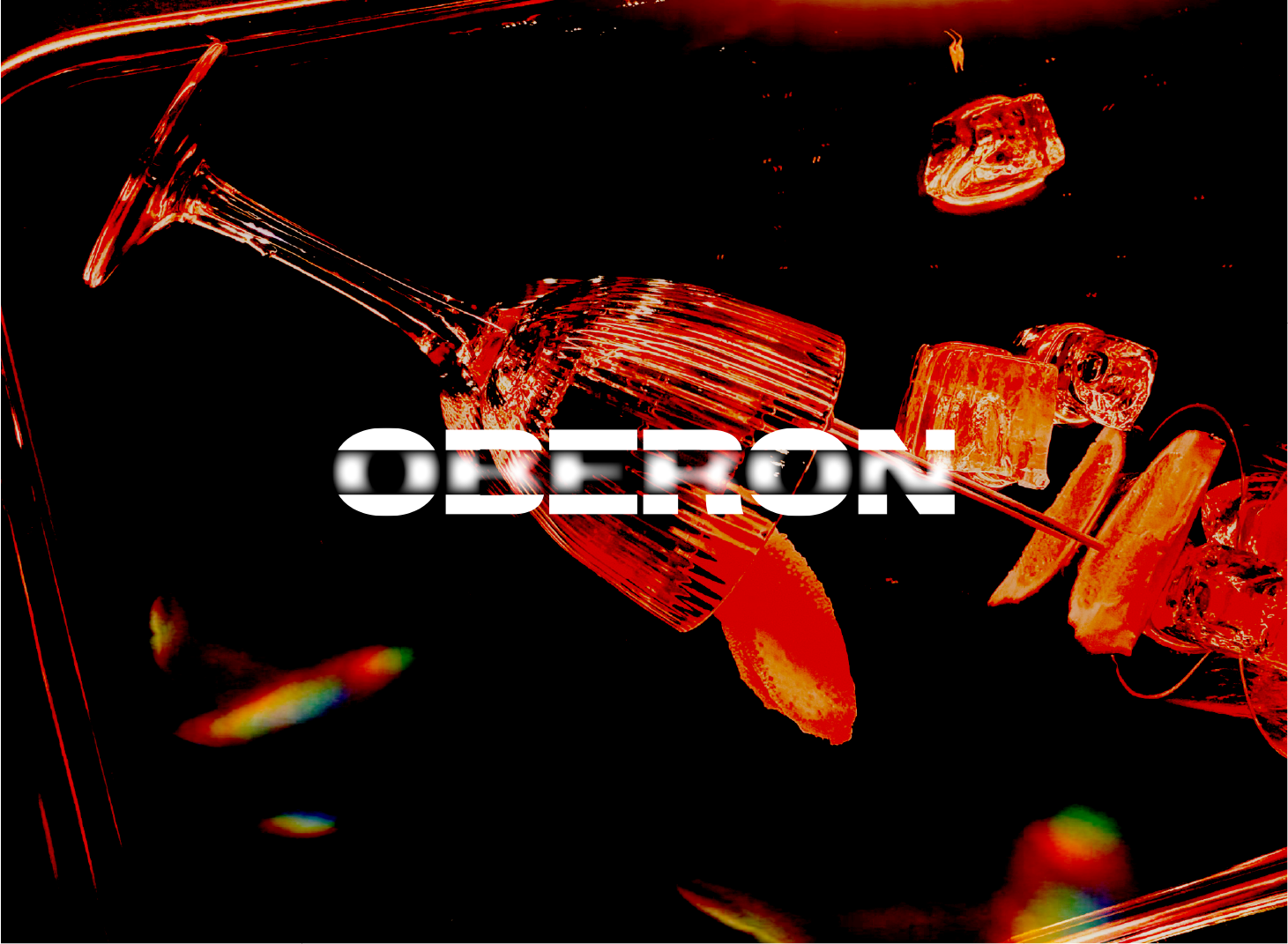 Futuristic digital artwork featuring a cocktail glass with ice cubes and fruit slices, overlaid with the bold white text 'OBERSON' on a dark background with colorful abstract spots.