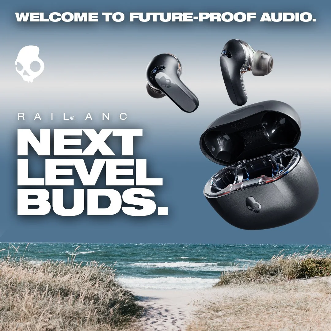 Promotion image for wireless earbuds with open charging case and earbuds above a beach scene, with bold text stating 'Welcome to future-proof audio. Next level buds.'
