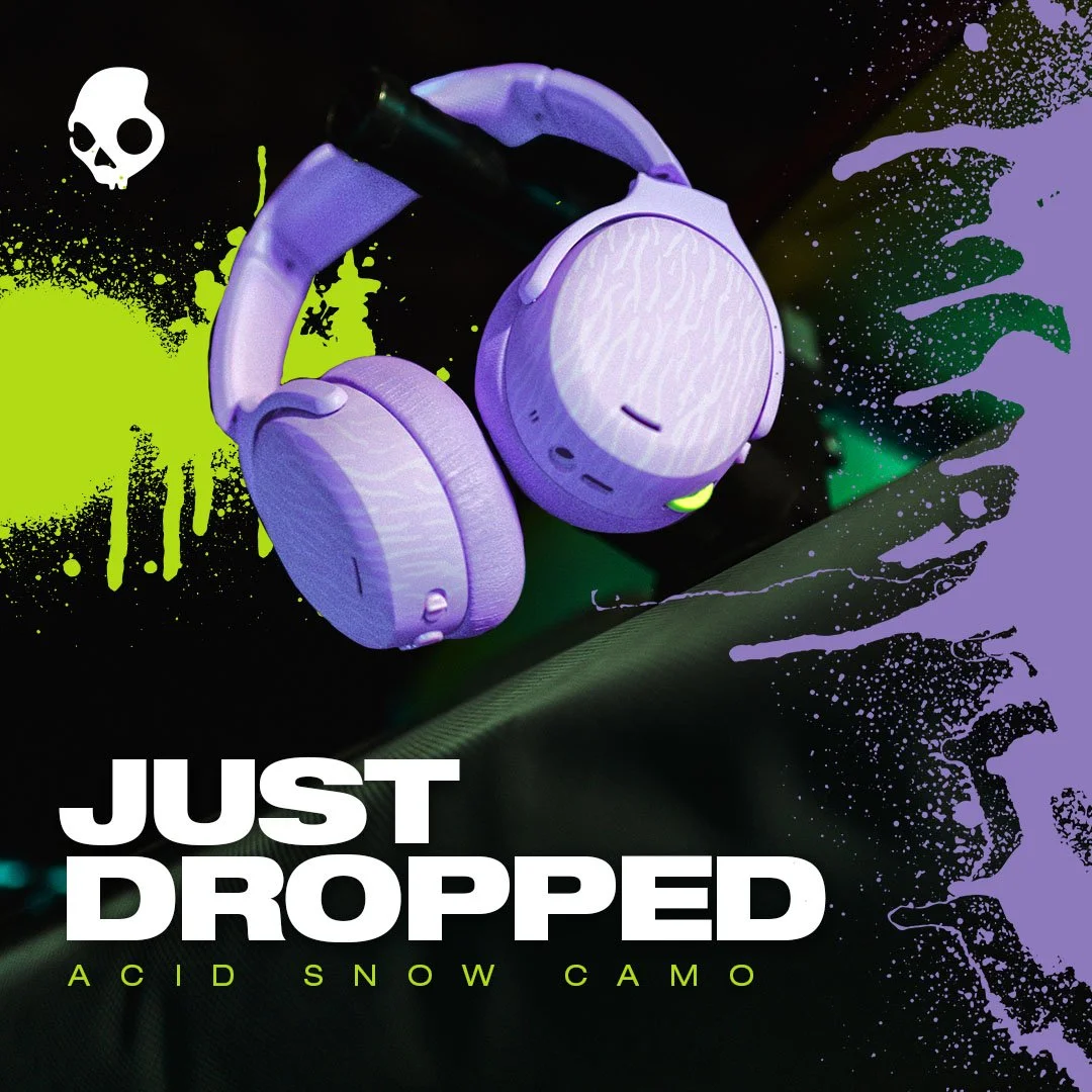 Lime green and purple splatter background with a purple headphones over a dark surface, with text "Just Dropped" and "Acid Snow Camo."
