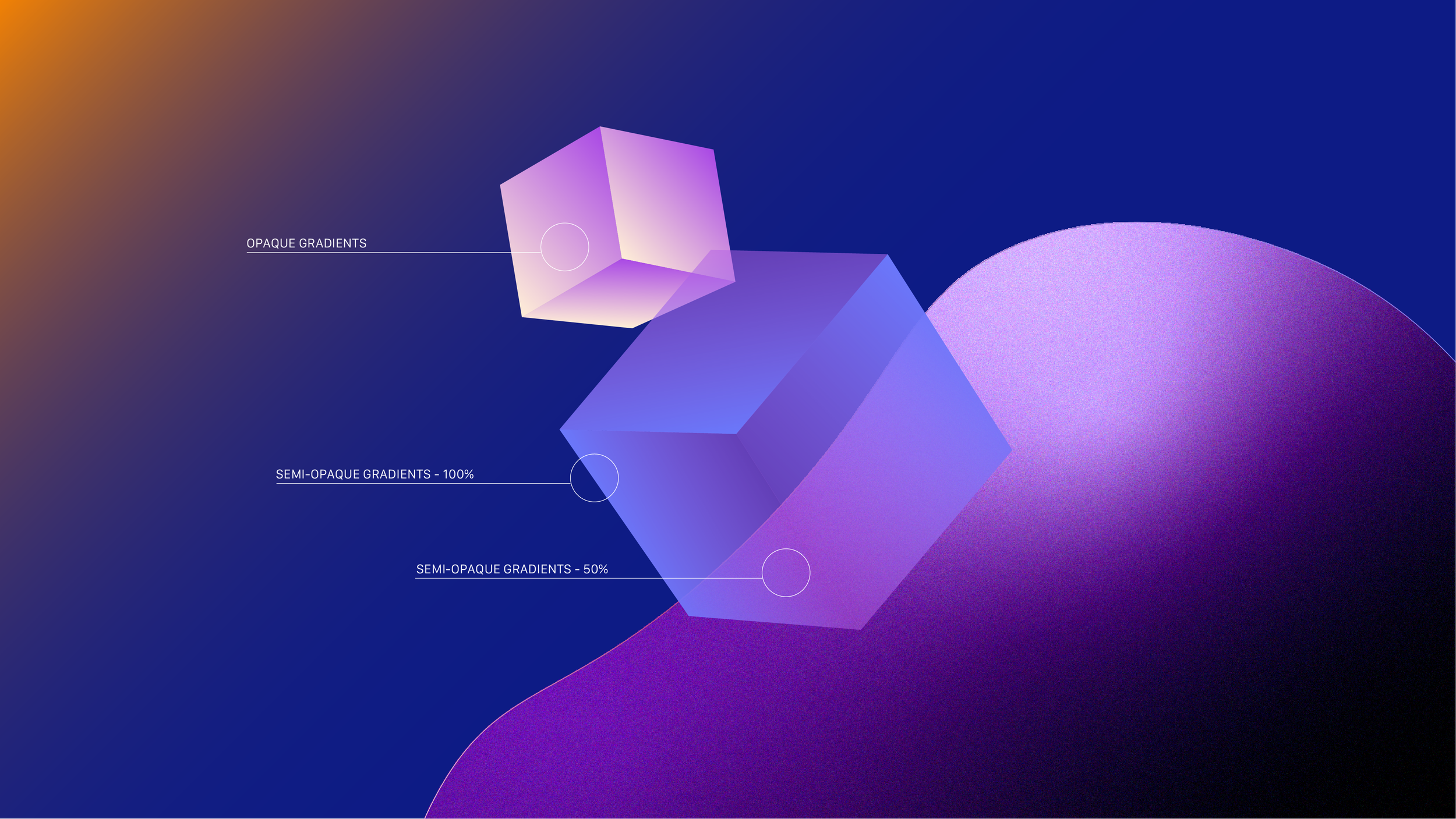 Digital illustration of three cubes with gradient shading. Labels point to the cubes indicating different gradient opacity levels: opaque, semi-opaque 100%, semi-opaque 50%. Background features smooth, colorful gradient shading.