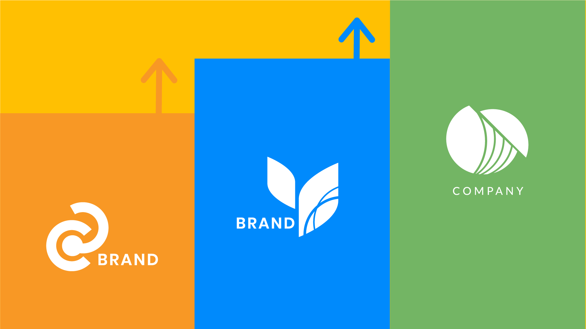 Three colorful sections with logos and the word 'Brand'. The left section is orange with a white interconnected circle logo and 'BRAND' text. The middle section is blue with a white leaf and wave logo and 'BRAND' text. The right section is green with
