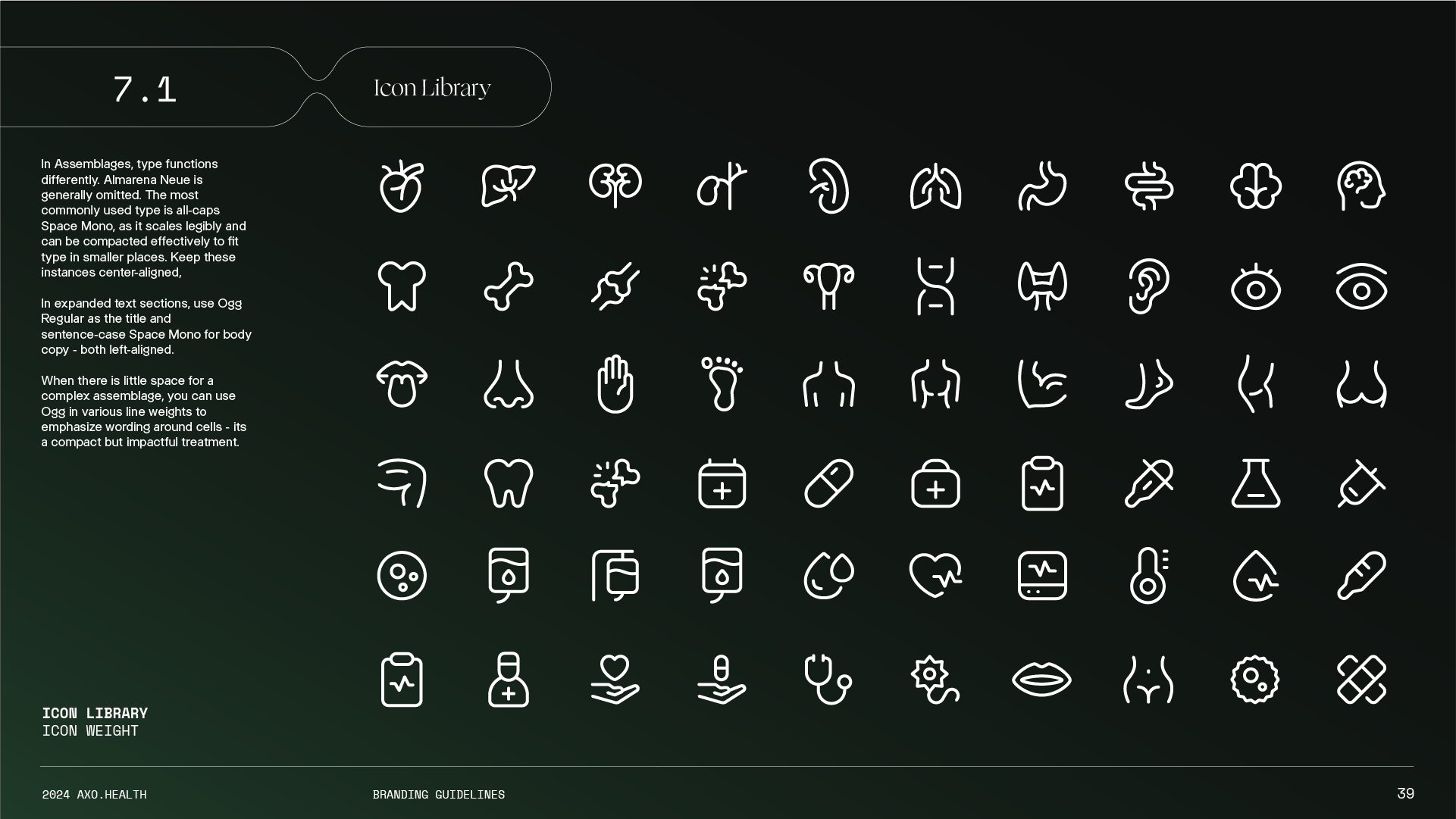 A collection of medical and health icons in white line art on a dark background, arranged in rows. The icons include various body parts, medical supplies, and health-related symbols.