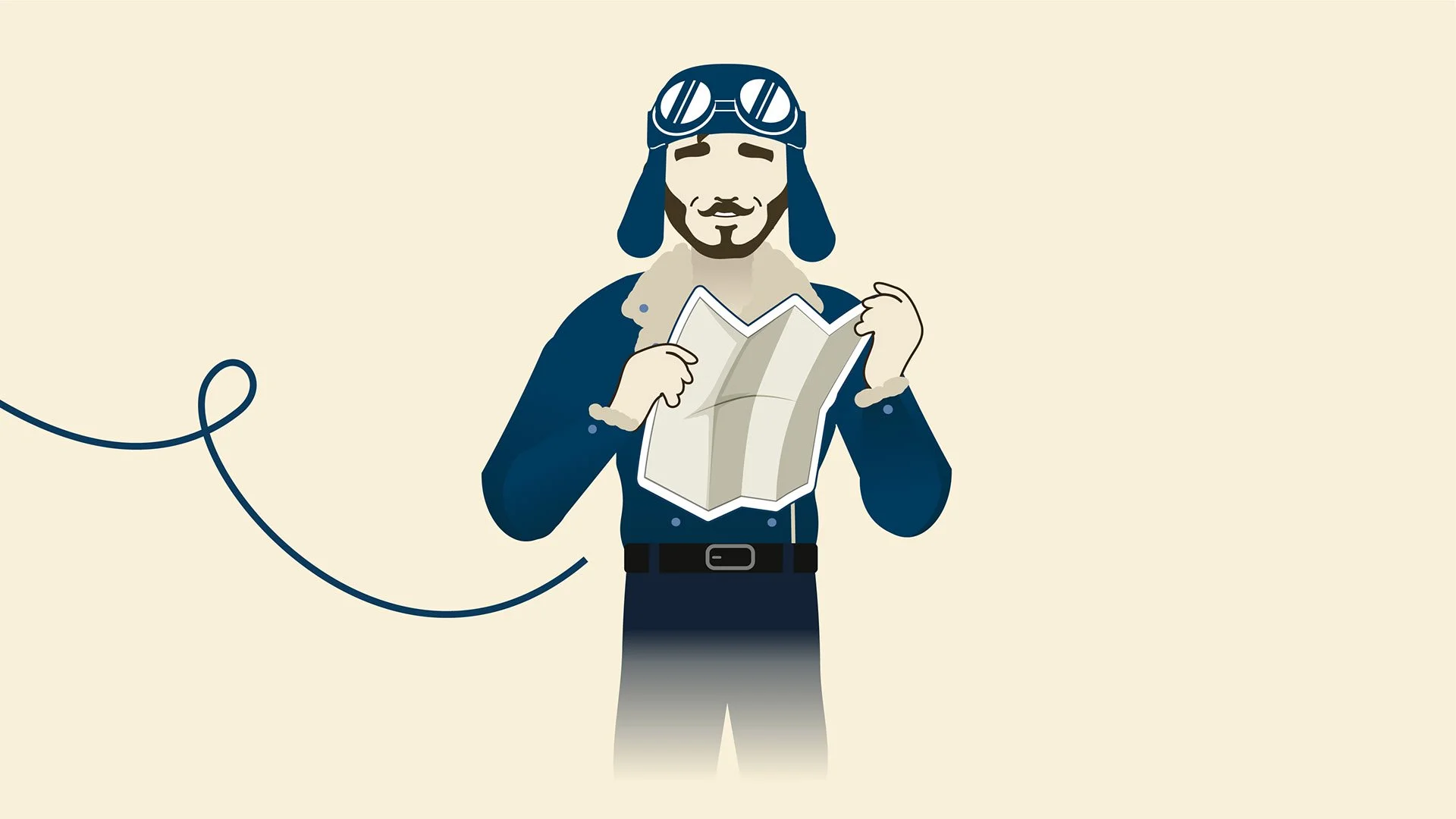 Illustration of a pilot wearing a vintage aviator helmet and goggles, holding a map and looking forward.