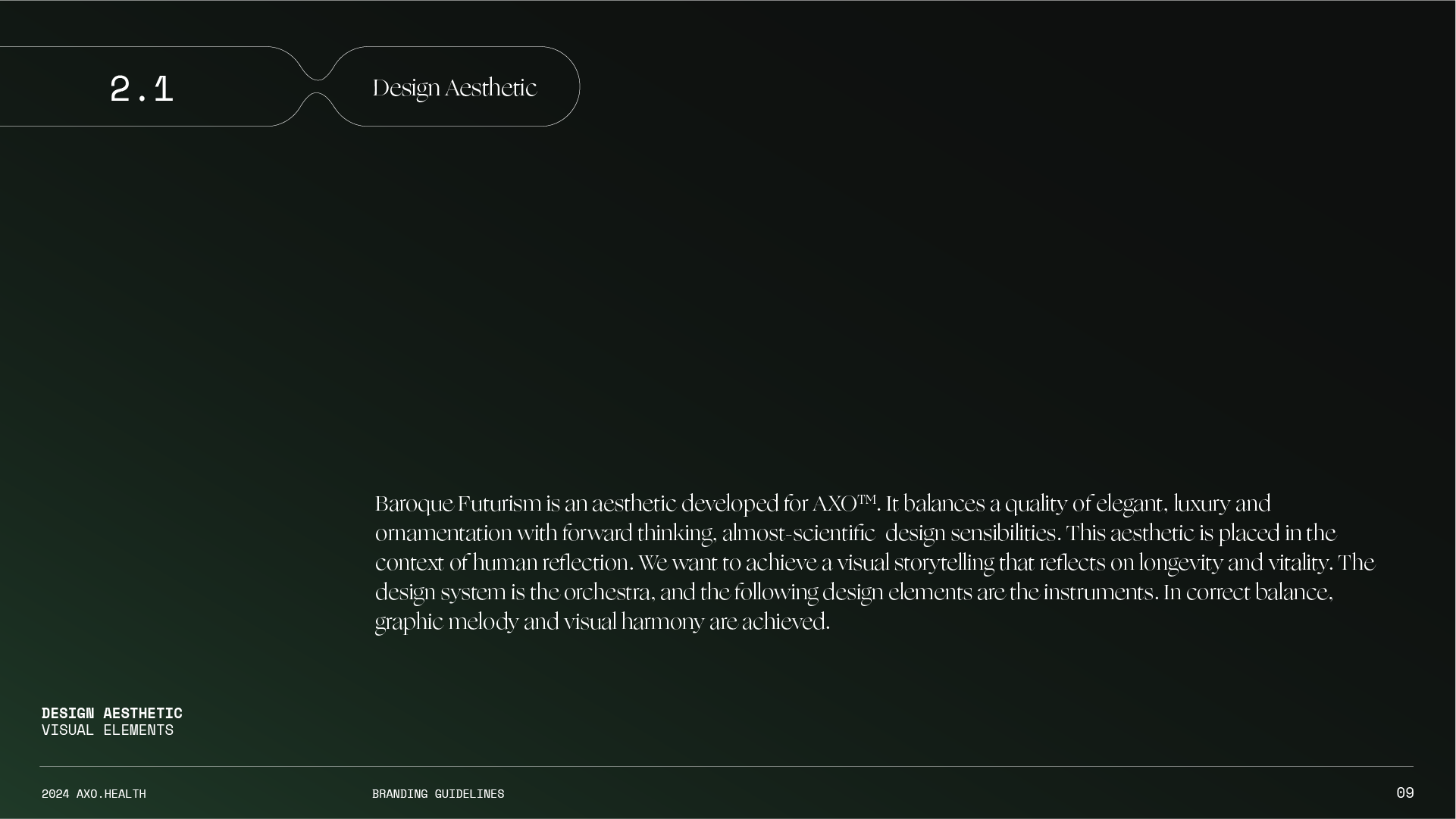 A slide from a presentation about design aesthetic, specifically discussing Baroque Futurism, its qualities, and its goals in visual storytelling and harmony.