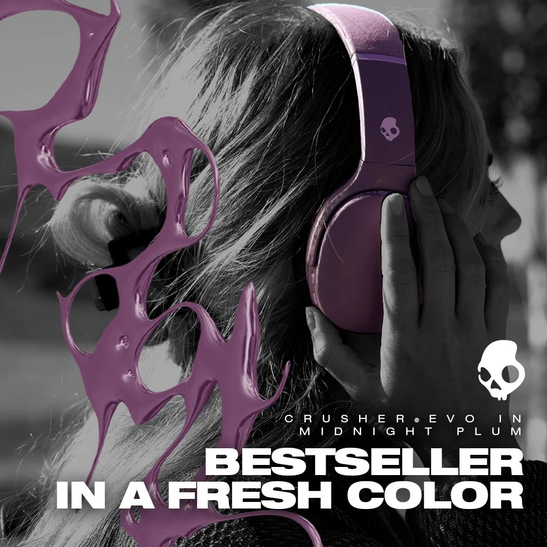 A woman wearing purple headphones, with a purple abstract splash overlay and a black and white background. The text reads: 'Bestseller in a Fresh Color' and mentions 'Cusher Evol in Midnight Plum'.