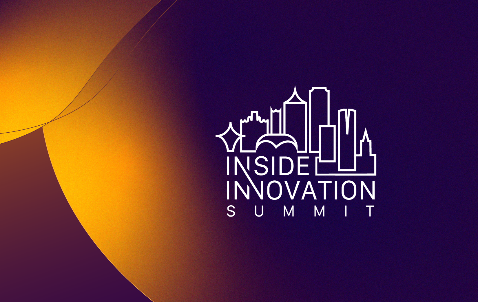 Design for Inside Innovation Summit with a stylized city skyline outline on a dark purple background with yellow curved accents.