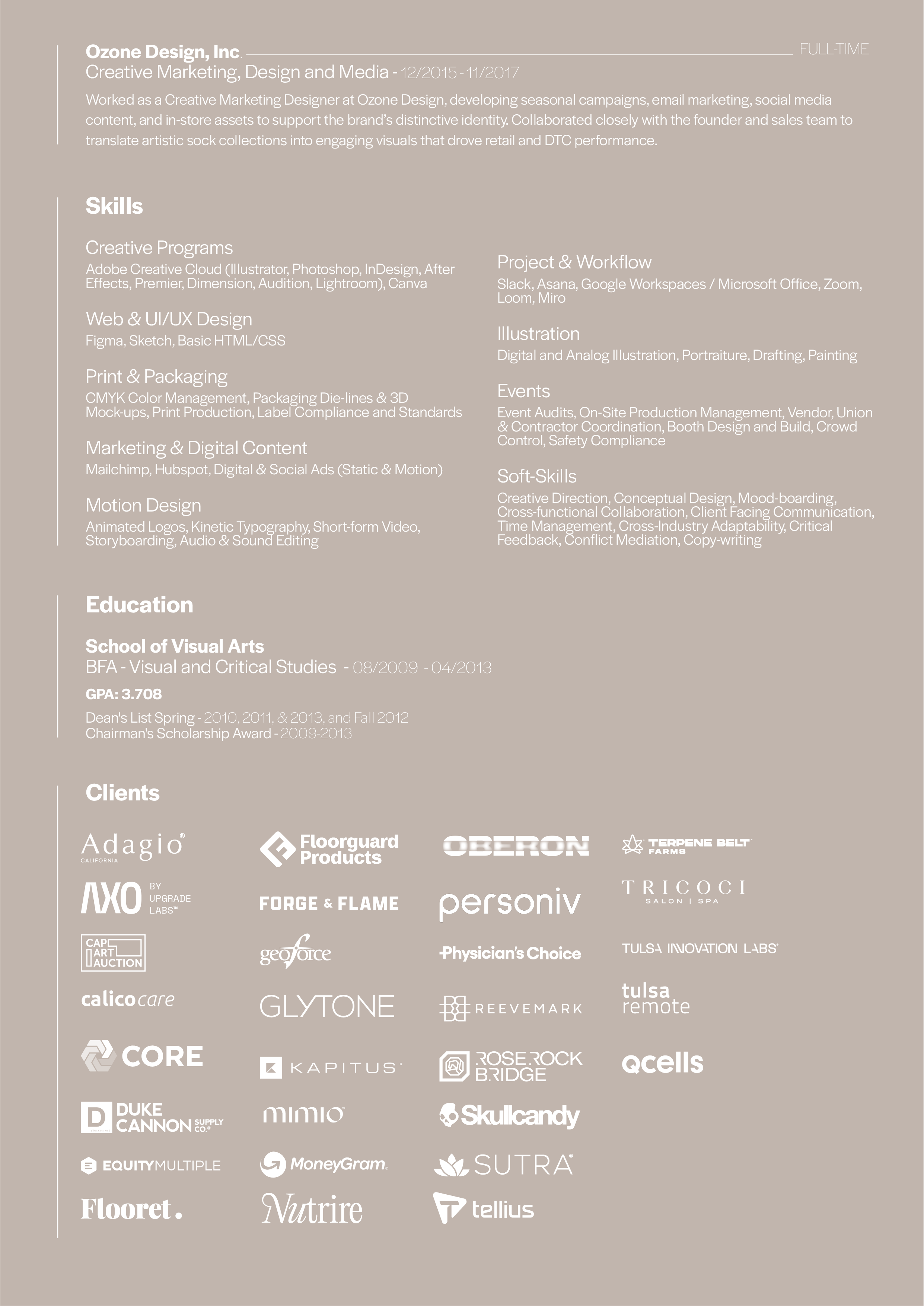 A professional resume for Ozone Design, Inc., featuring sections for work experience, skills, education, and client logos, with a light brown background.