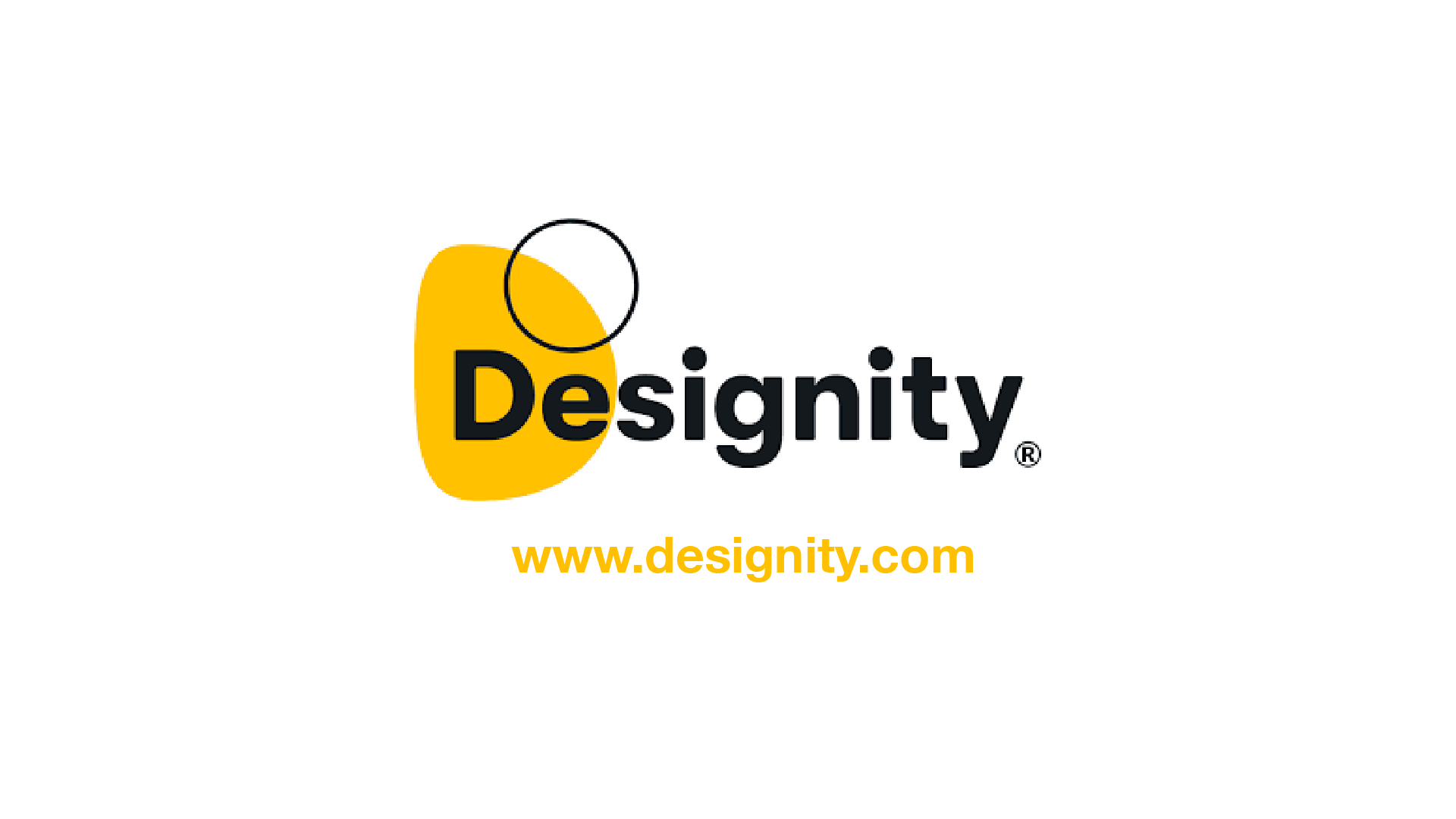 Logo for Designty with black text, a yellow shape behind the first letter, and a small black and white circle above the letter d. The website URL www.designty.com is below in yellow.