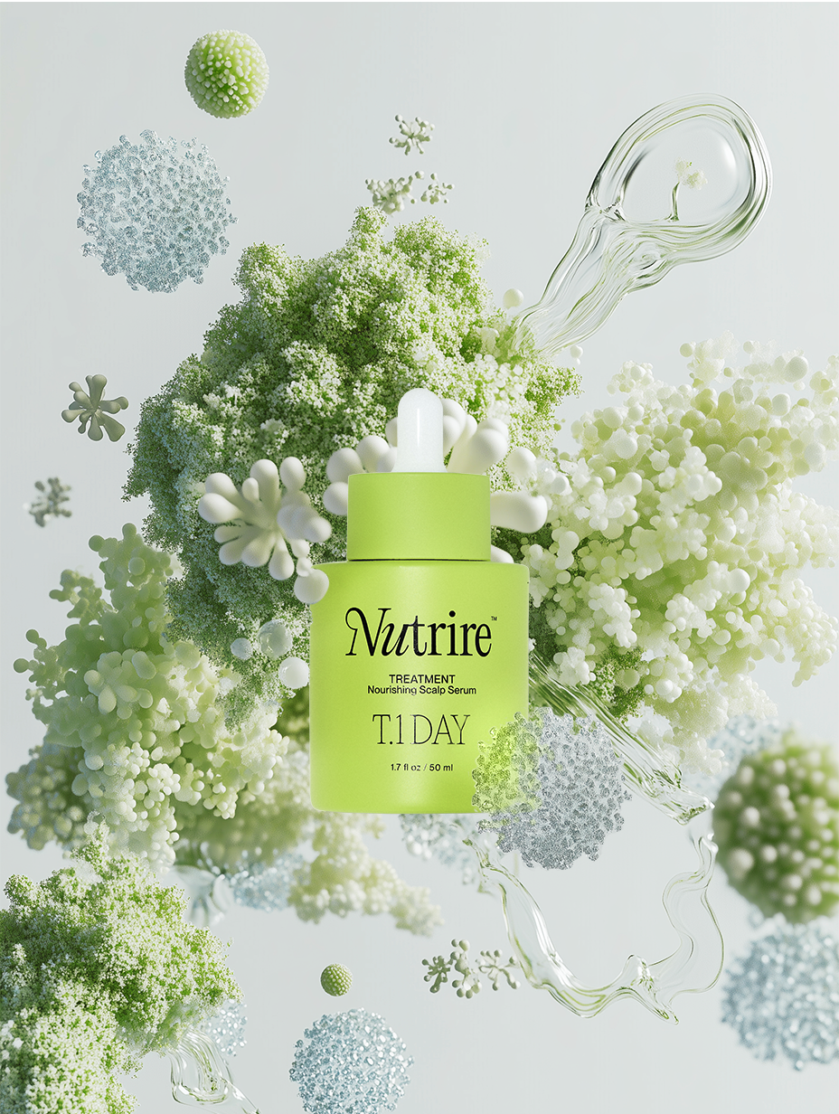 A green bottle of Nutrire treatment nourishing scalp serum surrounded by abstract green and white floral and organic shapes, with a splash of liquid