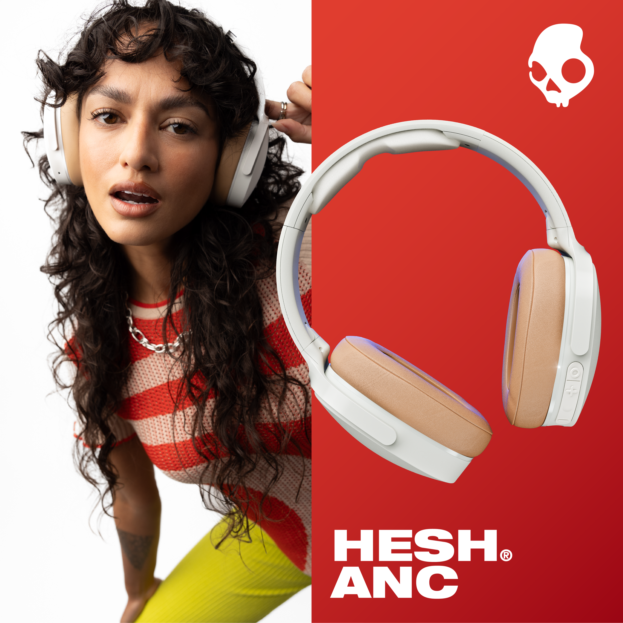 A woman wearing white headphones on the left side and a close-up of beige headphones on the right side with a red background. There is a white skull icon and the text 'HESH ANC' in bold white letters.
