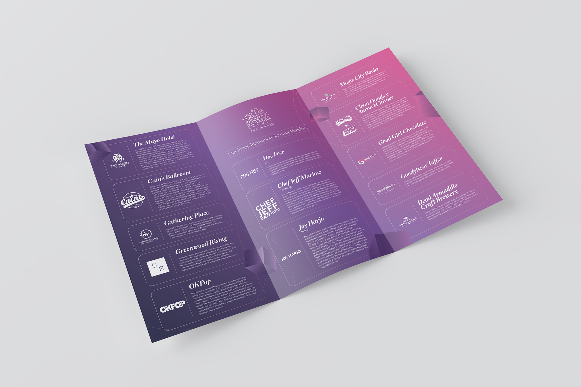 A tri-fold brochure with purple and pink gradient background displaying event information, including venue names, sponsors, and vendors, with white text.