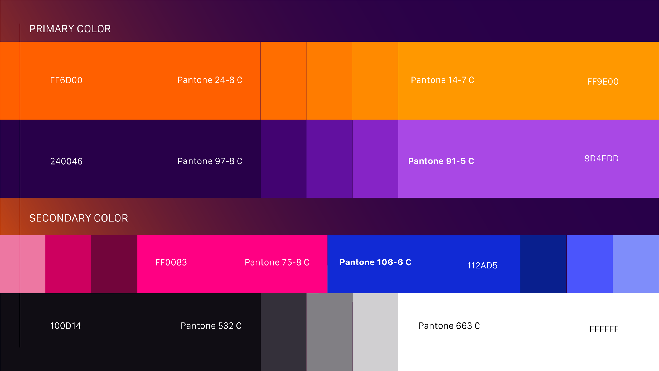 Color palette chart with primary colors in shades of orange and purple, secondary colors in pink, blue, gray, black, and white, with color codes and Pantone numbers labeled.
