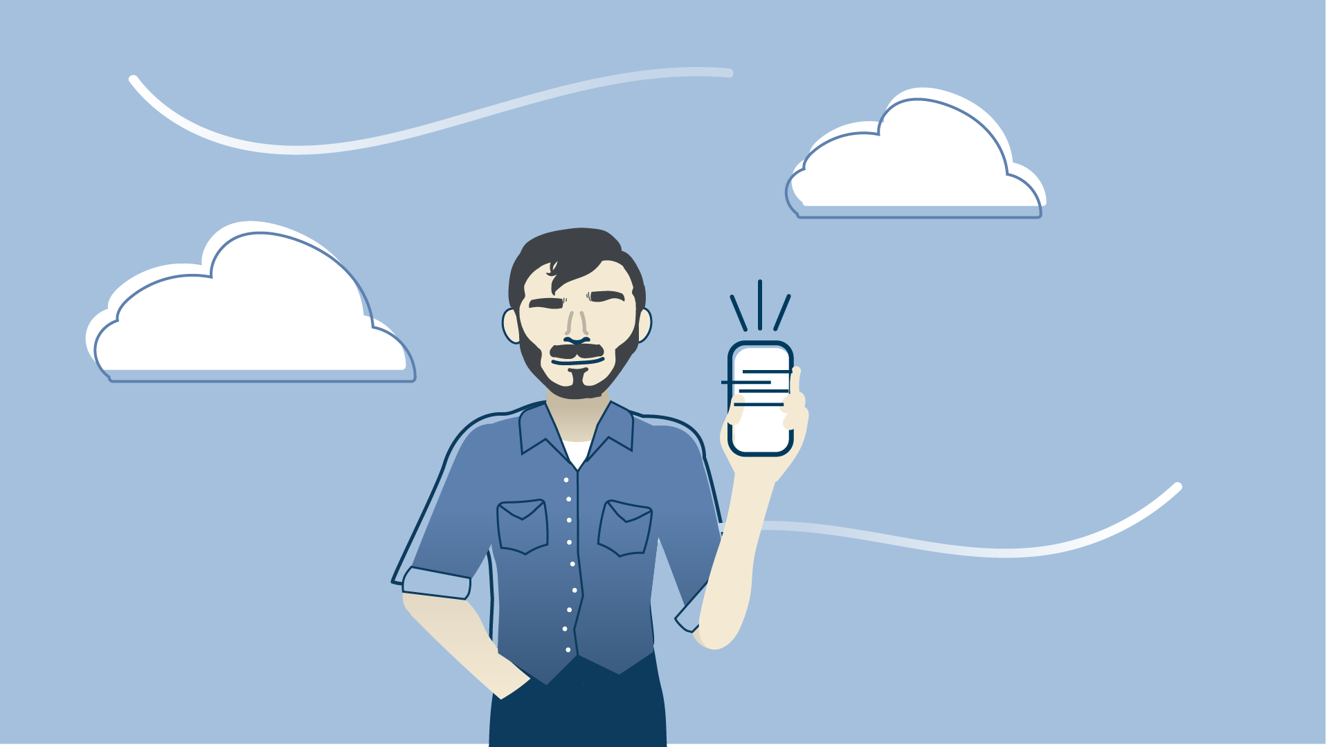 Illustration of a man with dark hair and beard holding a cell phone, standing against a blue sky with clouds.