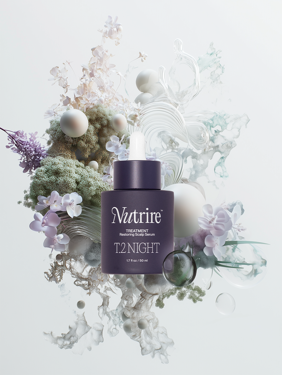 A bottle of Nutrire T.2 Night restorative scalp serum surrounded by abstract floral and organic elements in soft pastel colors.