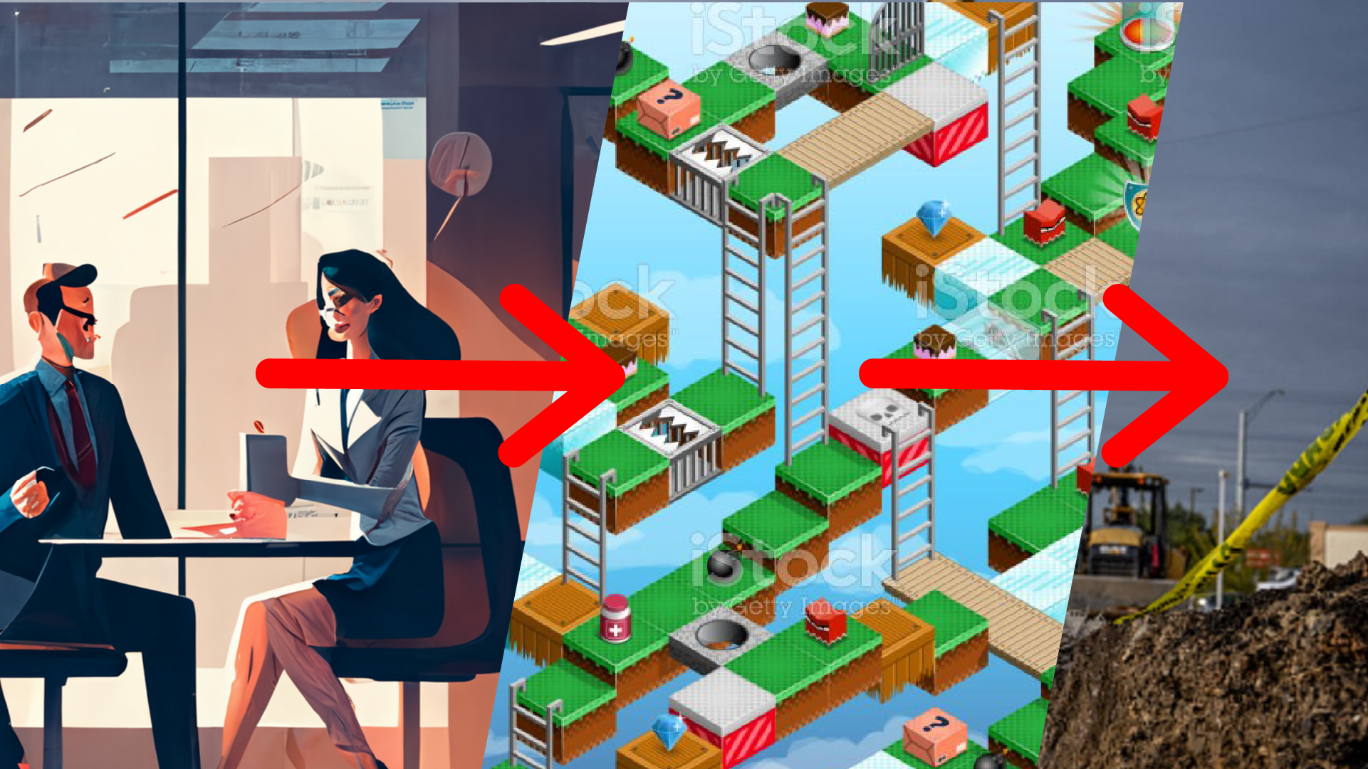 A collage of three images: on the left, a business meeting with a man and woman talking; in the middle, a digital game of climbing platforms and obstacles; on the right, a construction site with dirt and a coal heap.