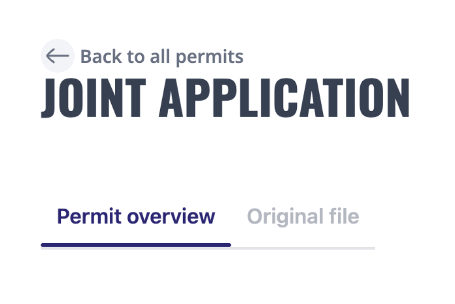 Screen showing a permit application interface with a back arrow, bold heading 'JOINT APPLICATION,' and tabs labeled 'Permit overview' and 'Original file'.