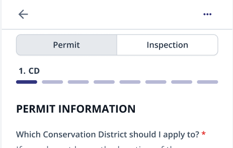 Screenshot of a mobile app showing permit information with tabs for 'Permit' and 'Inspection', and a section titled 'PERMIT INFORMATION' asking about the conservation district for application.