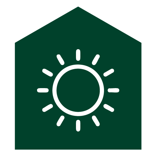 A minimalist icon of a sun with rays inside a house-shaped outline.