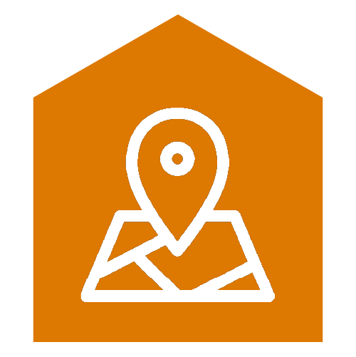 Icon of a map with a location pin in the center, on an orange background.