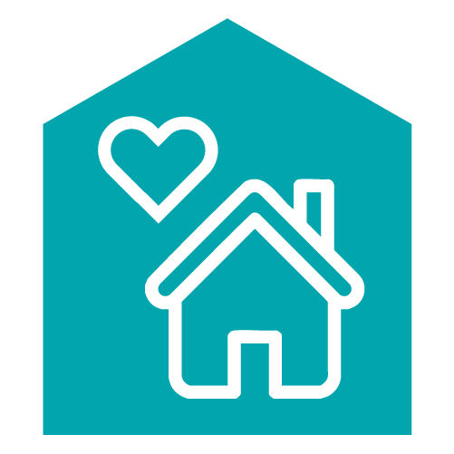 Outline of a house with a heart above it on a teal background with white border.