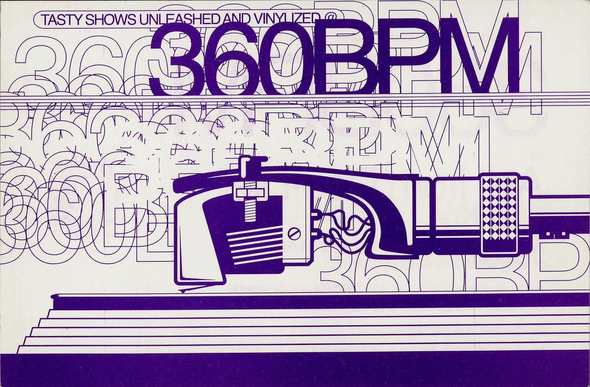 A stylized purple illustration of a gun with a grid-like grip, placed on a stepped platform, with abstract text and shapes in the background.