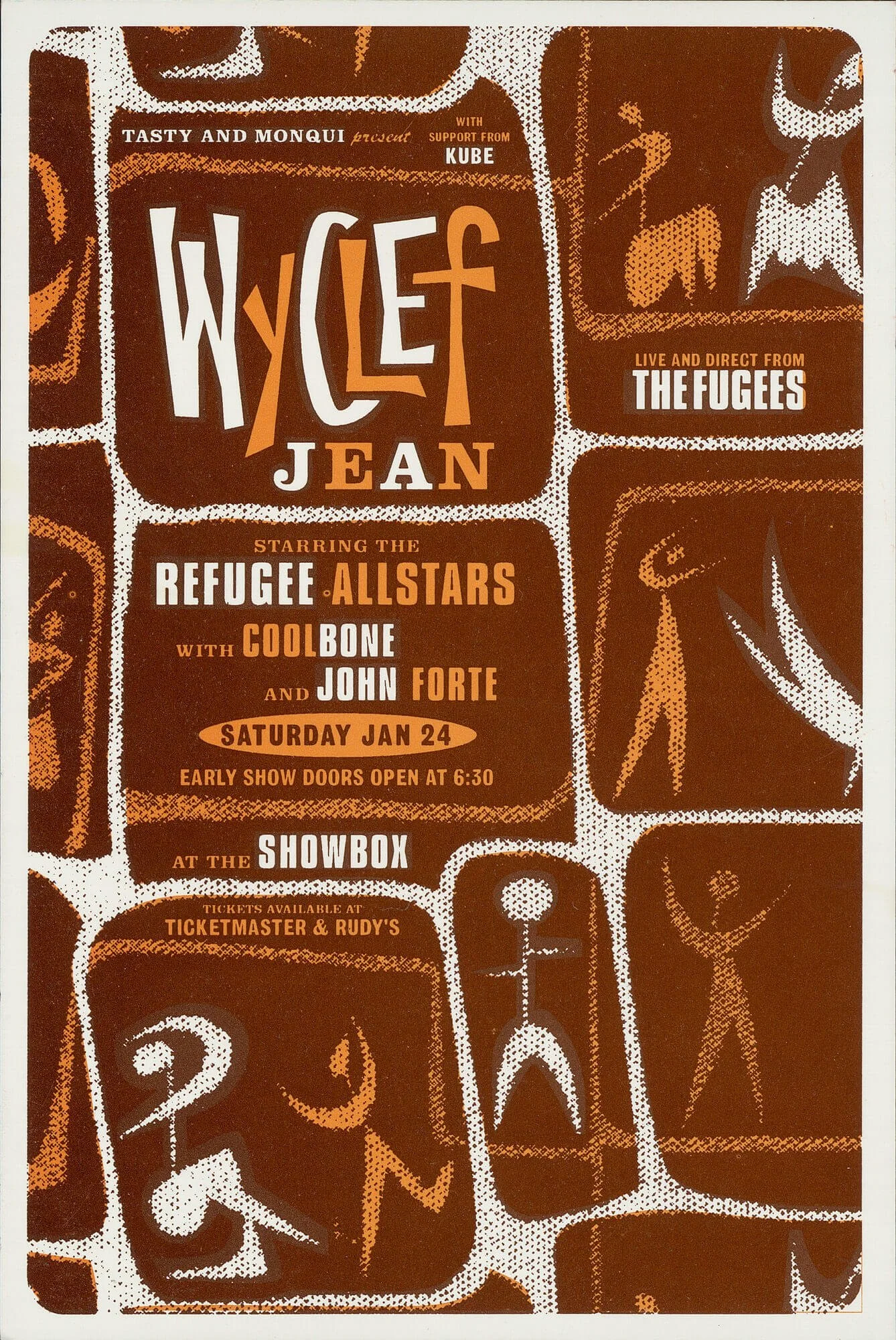 Poster advertising a concert by Wylde Jean with supporting acts from Kube and Cool Bone, starring Refugee Allstars and John Forte, at the Showbox on Saturday, January 24, with early show doors at 6:30. Tickets available at Ticketmaster and Rudy's.